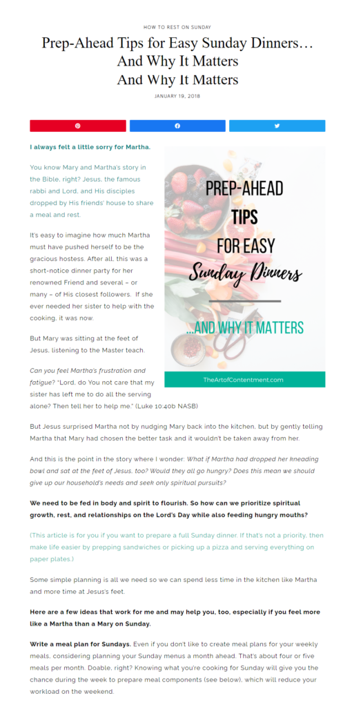 partial screenshot of an article about preparing Sunday dinner; article is linked on this page